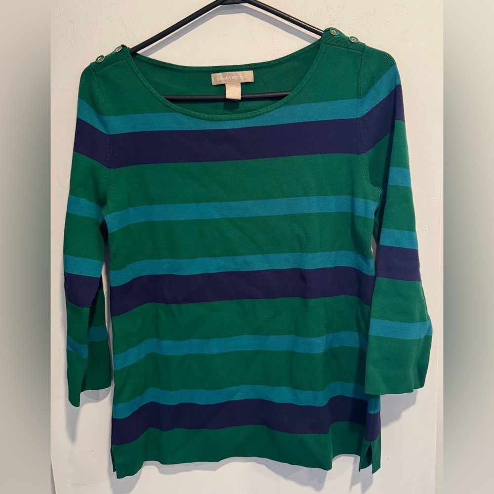 Banana Republic striped knit blouse top green navy button nautical classic USS